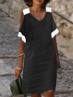 Women's Casual Dress Cotton Linen Dress Shift Dress Midi Dress Cotton Blend Fashion Basic Outdoor Daily V Neck Patchwork Hollow Out Half Sleeve Summer Spring Fall 2023 Loose Fit Black Plain S M L XL