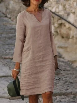 Women's Casual Dress Cotton Linen Dress Shift Dress Midi Dress Cotton Blend Modern Style Modern Outdoor Daily Date Split Neck Button Rolled Cuff 3/4 Length Sleeve Summer Spring Fall 2023 Regular Fit -HAYz Clothing Shop gjdvqc1686196457104