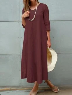 Women's Plus Size Curve Work Dress A Line Dress Fashion Long Dress Maxi Dress Patchwork V Neck 3/4 Length Sleeve Plain Loose Fit Wine Dark Blue Beige Fall L XL XXL 3XL 4XL -HAYz Clothing Shop gjszpb1693299510055