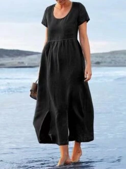 Women's Casual Dress Cotton Linen Dress Maxi Long Dress Polyester Daily Casual Daily Outdoor Home Daily Crew Neck Ruched Pocket Short Sleeve Summer Spring 2023 Regular Fit Black Yellow Plain S M L XL -HAYz Clothing Shop gjtqky1689760737033