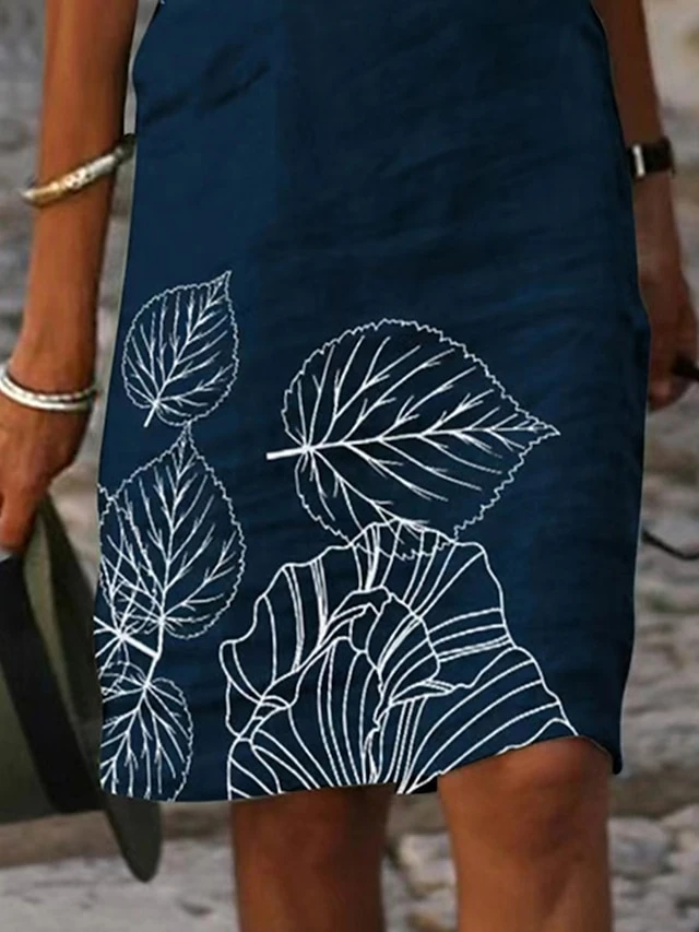 Women's Casual Dress Cotton Linen Dress Shift Dress Midi Dress Cotton Blend Fashion Casual Outdoor Daily Vacation Stand Collar Button Print Short Sleeve Summer Spring 2023 Regular Fit Navy Blue Leaf 3 Women's Casual Dress Cotton Linen Dress Shift Dress Midi Dress Cotton Blend Fashion Casual Outdoor Daily Vacation Stand Collar Button Print Short Sleeve Summer Spring 2023 Regular Fit Navy Blue Leaf - Image 3