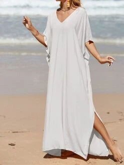 Women's White Dress A Line Dress Cover Up Long Dress Maxi Dress Cotton Basic Casual Outdoor Daily Vacation V Neck Split 3/4 Length Sleeve Summer Spring Fall 2022 Loose Fit Black White Yellow Plain -HAYz Clothing Shop gkfoam1672828144623