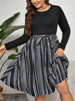Women's Plus Size Curve Party Dress Winter Dress Black Dress Geometric Midi Dress Long Sleeve Patchwork Bow Crew Neck Fashion Party Black Fall Winter XL XXL 3XL 4XL -HAYz Clothing Shop gkifzt1695103069913