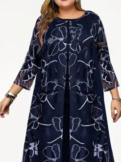 Women's Plus Size Two Piece Dress Set Casual Dress Chiffon Dress Outdoor Daily Fashion Elegant Print Midi Dress Crew Neck 3/4 Length Sleeve Floral Regular Fit Navy Blue Fall Winter L XL XXL 3XL 4XL -HAYz Clothing Shop gkrdme1697003813832