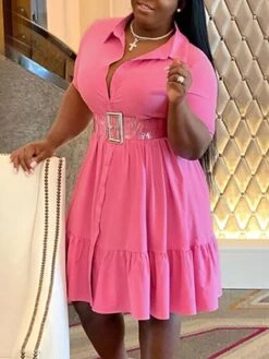 Women‘s Plus Size Curve Shirt Dress Solid Color Shirt Collar Ruffle Half Sleeve Spring Summer Casual Knee Length Dress Daily Holiday Dress -HAYz Clothing Shop gkwbkp1656491039515