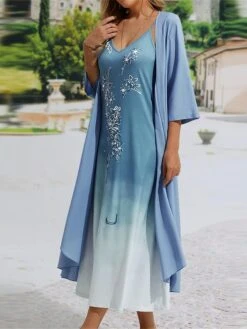 Women's Two Piece Dress Set Casual Dress Chiffon Dress Outdoor Daily Fashion Casual Print Midi Dress V Neck Half Sleeve Floral Ombre Regular Fit Royal Blue Green Summer Spring S M L XL XXL -HAYz Clothing Shop gljtbw1683626202656