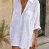 Women's Cotton Linen Dress Casual Dress Shift Dress Mini Dress Cotton Blend Modern Casual Outdoor Daily Shirt Collar Pocket 3/4 Length Sleeve Summer Spring Fall 2023 Regular Fit White Plain S M L XL