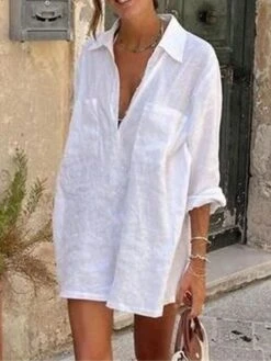 Women's Cotton Linen Dress Casual Dress Shift Dress Mini Dress Cotton Blend Modern Casual Outdoor Daily Shirt Collar Pocket 3/4 Length Sleeve Summer Spring Fall 2023 Regular Fit White Plain S M L XL