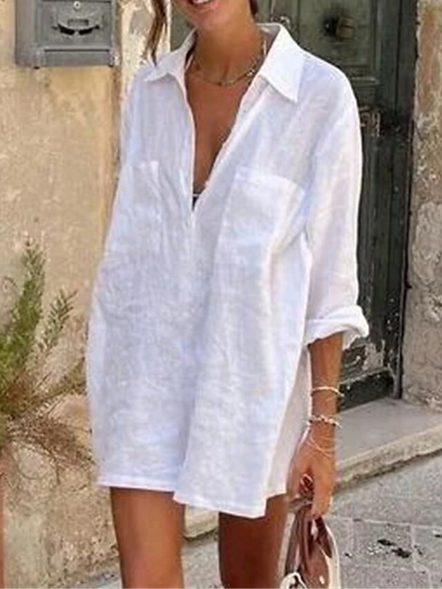 Women's Cotton Linen Dress Casual Dress Shift Dress Mini Dress Cotton Blend Modern Casual Outdoor Daily Shirt Collar Pocket 3/4 Length Sleeve Summer Spring Fall 2023 Regular Fit White Plain S M L XL 1 Women's Cotton Linen Dress Casual Dress Shift Dress Mini Dress Cotton Blend Modern Casual Outdoor Daily Shirt Collar Pocket 3/4 Length Sleeve Summer Spring Fall 2023 Regular Fit White Plain S M L XL
