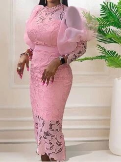 Women‘s Plus Size Curve Party Dress Lace Dress Cocktail Dress Midi Dress White Pink Long Sleeve Pure Color Lace Spring Fall Winter Stand Collar Fashion Wedding Guest Vacation Fall Dress 2023 -HAYz Clothing Shop glvrur1690946615435