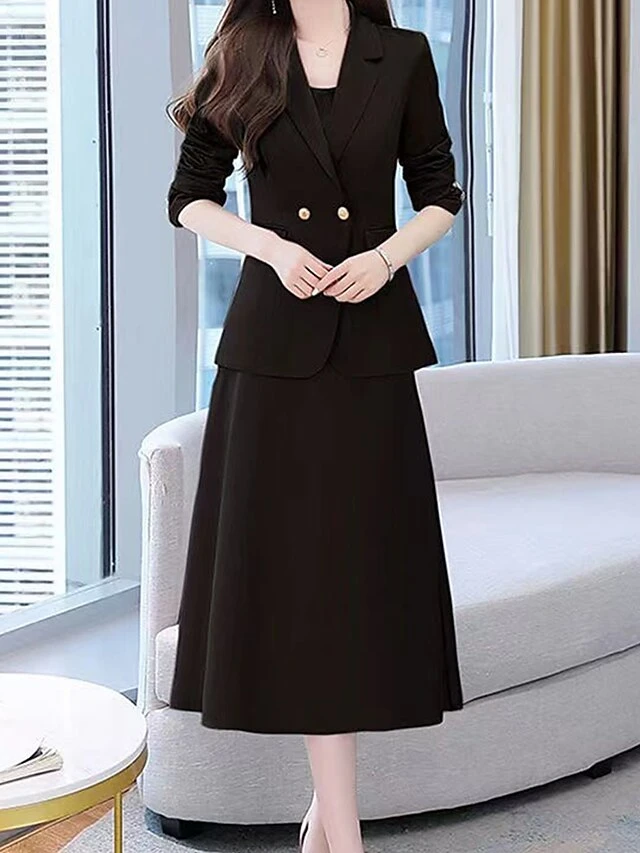 Women's Two Piece Dress Set Work Dress Skirt Set Formal Office Streetwear Elegant Button Pocket Midi Dress Shirt Collar Long Sleeve Plain Regular Fit Black Purple Beige Fall Winter M L XL XXL 3XL 9 Women's Two Piece Dress Set Work Dress Skirt Set Formal Office Streetwear Elegant Button Pocket Midi Dress Shirt Collar Long Sleeve Plain Regular Fit Black Purple Beige Fall Winter M L XL XXL 3XL - Image 9