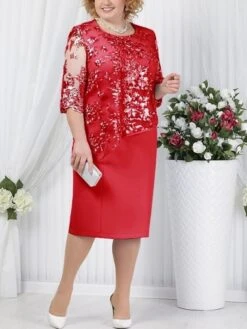 Women's Plus Size Party Dress Shift Dress Semi Formal Dress Midi Dress Red Blue Light Blue Half Sleeve Paisley Lace Summer Spring Fall Crew Neck Elegant Wedding Guest Spring Dress 2023 L XL XXL 3XL
