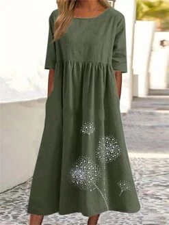 Women's Casual Dress Cotton Linen Dress Swing Dress Midi Dress Cotton Blend Basic Casual Outdoor Daily Vacation Crew Neck Ruched Pocket Half Sleeve Summer Spring Fall 2023 Loose Fit ArmyGreen Black -HAYz Clothing Shop gmlxjd1678263978982