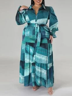 Women's Plus Size Curve Work Dress Swing Dress Semi Formal Dress Fashion Long Dress Maxi Dress Lace Up Print Shirt Collar Long Sleeve Print Yellow Royal Blue Blue Spring Fall XL XXL 3XL 4XL 5XL -HAYz Clothing Shop gmujcz1692847949883