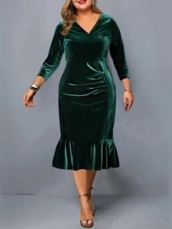 Women's Plus Size Curve Party Dress Velvet Dress Winter Dress Solid Color Midi Dress Long Sleeve Ruched V Neck Fashion Party Black Wine Fall Winter L XL XXL 3XL 4XL -HAYz Clothing Shop gmyunx1694591782326