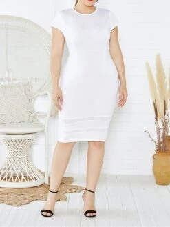 Women's Plus Size Curve Party Dress Bodycon Sheath Dress Plain Midi Dress Short Sleeve Mesh Crew Neck Fashion Party Black White Fall Winter XL XXL 3XL 4XL 5XL -HAYz Clothing Shop godfea1694151472681