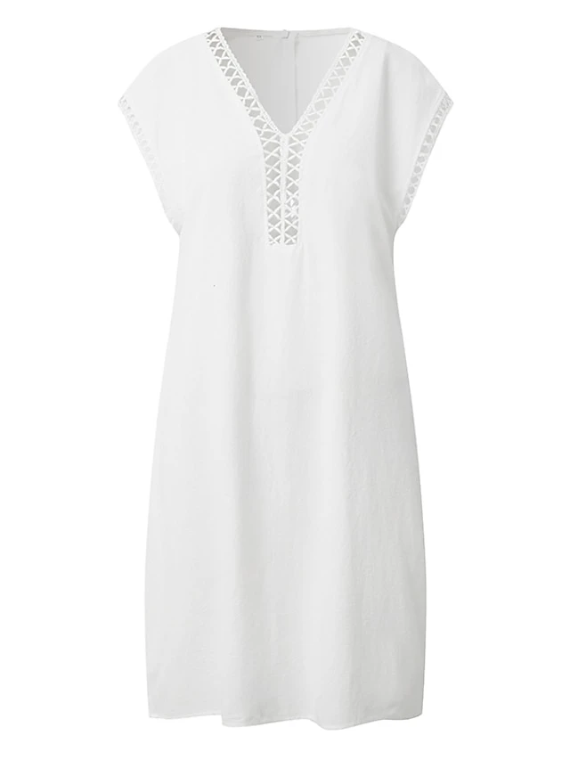 Women's Cotton Linen Dress Casual Dress Shift Dress Midi Dress Cotton Fashion Modern Outdoor Daily Vacation V Neck Cut Out Short Sleeve Summer Spring 2023 Regular Fit White Blue Green Plain S M L XL 6 Women's Cotton Linen Dress Casual Dress Shift Dress Midi Dress Cotton Fashion Modern Outdoor Daily Vacation V Neck Cut Out Short Sleeve Summer Spring 2023 Regular Fit White Blue Green Plain S M L XL - Image 6