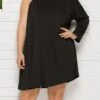 Women's Plus Size Curve Casual Dress Swing Dress Black Dress Plain Mini Dress Long Sleeve One Shoulder Fashion Daily Black Fall Winter L XL XXL 3XL 4XL