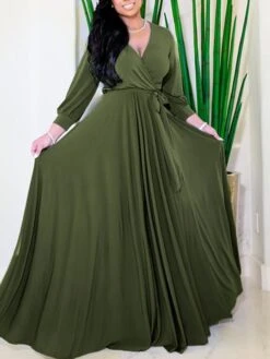 Women‘s Plus Size Curve Party Dress Solid Color V Neck Ruched Long Sleeve Winter Fall Elegant Prom Dress Maxi Long Dress Formal Party Dress -HAYz Clothing Shop govoii1642995776736