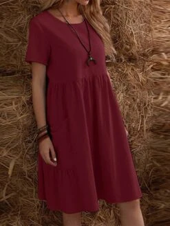 Women's Casual Dress Cotton Linen Dress Maxi Long Dress Linen / Cotton Blend Fashion Street Style Daily Date Weekend Crew Neck Ruffle Pocket Short Sleeve Summer 2023 Regular Fit Claret Black Yellow -HAYz Clothing Shop goziow1687233822801