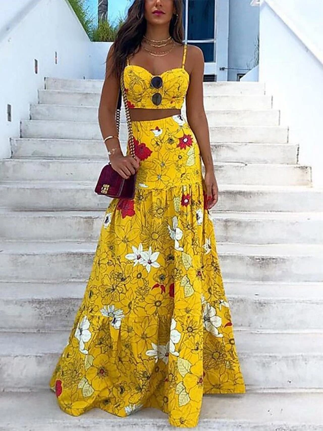 Women's Dress Set Two Piece Dress Skirt Set Long Dress Maxi Dress Yellow Green Sleeveless Floral Backless Summer Spring Spaghetti Strap Vacation 2023 S M L XL XXL 3XL 2 Women's Dress Set Two Piece Dress Skirt Set Long Dress Maxi Dress Yellow Green Sleeveless Floral Backless Summer Spring Spaghetti Strap Vacation 2023 S M L XL XXL 3XL - Image 2