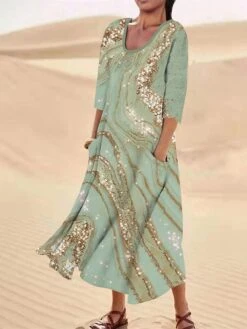 Women's Casual Dress Cotton Linen Dress Midi Dress Polyester Fashion Casual Daily Outdoor Daily Vacation Crew Neck Pocket Print Half Sleeve Summer Spring Fall 2023 Loose Fit Light Pink Pink Navy Blue