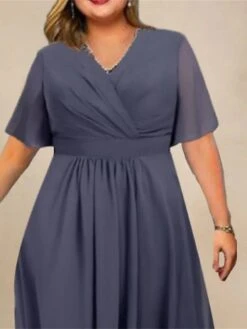 Women's Plus Size Curve Party Dress Cocktail Dress Plain Midi Dress Short Sleeve V Neck Fashion Party Dark Blue Gray Fall Winter L XL XXL 3XL 4XL -HAYz Clothing Shop gqaaid1694660829851