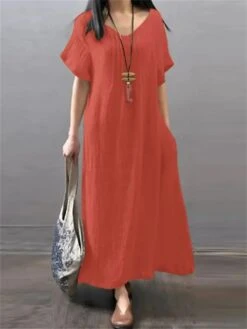 Women's Casual Dress Cotton Linen Dress A Line Dress Maxi Long Dress Cotton Blend Daily Classic Outdoor Daily Vacation V Neck Pocket Baggy Short Sleeve Summer Spring 2023 Loose Fit Red Blue Green -HAYz Clothing Shop gqcwaz1690886048845
