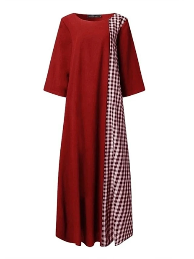 Women's Casual Dress Cotton Linen Dress A Line Dress Maxi Long Dress Cotton Blend Casual Outdoor Daily Crew Neck Print 3/4 Length Sleeve Summer Spring 2023 Loose Fit Black Red Navy Blue Plaid M L XL 2 Women's Casual Dress Cotton Linen Dress A Line Dress Maxi Long Dress Cotton Blend Casual Outdoor Daily Crew Neck Print 3/4 Length Sleeve Summer Spring 2023 Loose Fit Black Red Navy Blue Plaid M L XL - Image 2
