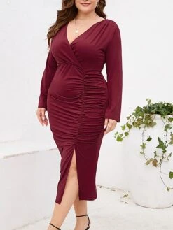 Women‘s Plus Size Curve Work Dress Sheath Dress Semi Formal Dress Fashion Midi Dress Ruched Split V Neck Long Sleeve Plain Regular Fit Black Wine Purple Fall Winter L XL XXL 3XL 4XL -HAYz Clothing Shop gqgygp1691401367151