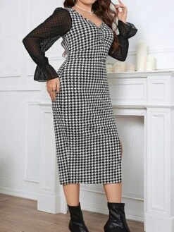 Women‘s Plus Size Curve Party Dress Cocktail Dress Bodycon Midi Dress Black Long Sleeve Print Mesh Spring Fall Winter V Neck Fashion Winter Dress Birthday Wedding Guest 2023 XL XXL 3XL 4XL -HAYz Clothing Shop gqnlec1692165911177