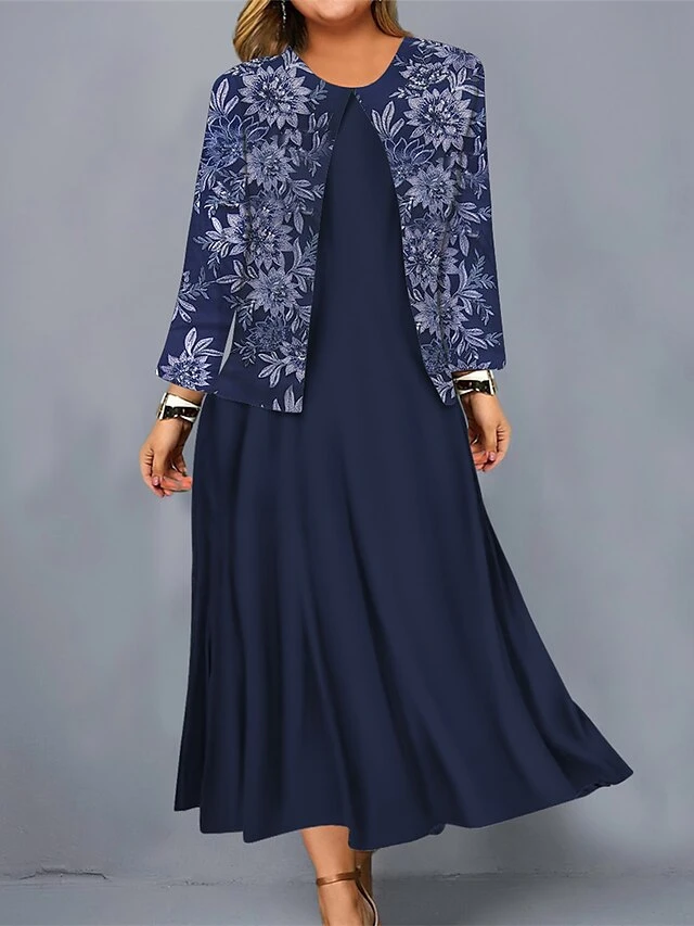 Women's Plus Size Curve Casual Dress Dress Set Two Piece Dress Floral Midi Dress Long Sleeve Print Crew Neck Mature Outdoor Wine Navy Blue Fall Winter L XL XXL 3XL 4XL 2 Women's Plus Size Curve Casual Dress Dress Set Two Piece Dress Floral Midi Dress Long Sleeve Print Crew Neck Mature Outdoor Wine Navy Blue Fall Winter L XL XXL 3XL 4XL - Image 2