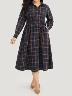 Women's Plus Size Curve Shirt Dress Casual Dress Swing Dress Plaid Midi Dress Long Sleeve Lace Up Button Shirt Collar Fashion Outdoor Dark Blue Fall Winter L XL 2XL 3XL 4XL