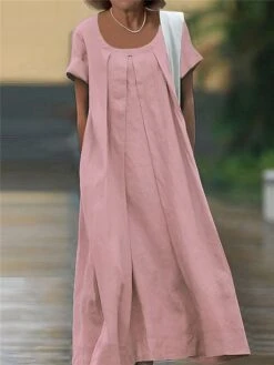 Women's Casual Dress Cotton Linen Dress Maxi Long Dress Polyester Basic Classic Outdoor Daily Vacation Crew Neck Ruched Pocket Short Sleeve Summer Spring 2023 Loose Fit Black Yellow Pink Plain M L XL -HAYz Clothing Shop gqtfls1691067924352
