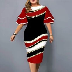 Women‘s Plus Size Curve Party Dress Color Block Crew Neck Print Short Sleeve Spring Fall Work Casual Prom Dress Knee Length Dress Casual Daily DressHomecoming Dress