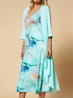 Women's Two Piece Dress Set Casual Dress Chiffon Dress Outdoor Daily Fashion Casual Print Midi Dress V Neck Half Sleeve Floral Ombre Regular Fit Royal Blue Green Summer Spring S M L XL XXL -HAYz Clothing Shop grcuip1683626204609