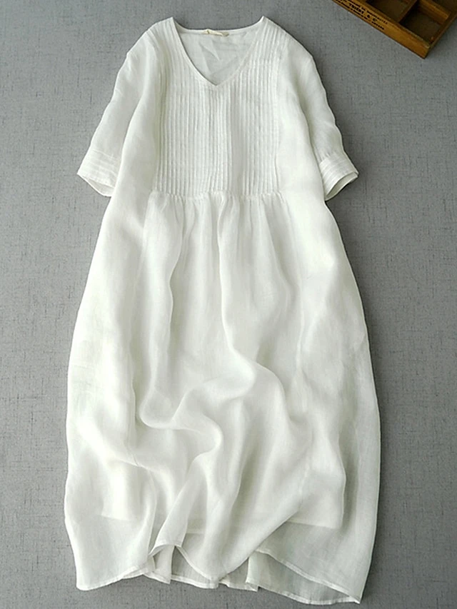 Women's Casual Dress Cotton Linen Dress White Dress Midi Dress Cotton Blend Basic Casual Outdoor Vacation V Neck Ruched Half Sleeve Summer Spring Fall 2023 Loose Fit White Green Apricot Pure Color M 1 Women's Casual Dress Cotton Linen Dress White Dress Midi Dress Cotton Blend Basic Casual Outdoor Vacation V Neck Ruched Half Sleeve Summer Spring Fall 2023 Loose Fit White Green Apricot Pure Color M