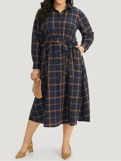 Women's Plus Size Curve Shirt Dress Casual Dress Swing Dress Plaid Midi Dress Long Sleeve Lace Up Button Shirt Collar Fashion Outdoor Dark Blue Fall Winter L XL 2XL 3XL 4XL -HAYz Clothing Shop grddje1697164757080