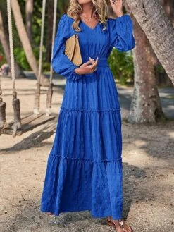 Women's Casual Dress Cotton Linen Dress Swing Dress Midi Dress Polyester Fashion Modern Outdoor Daily Vacation V Neck Ruched Ruffle Long Sleeve Summer Spring Fall 2023 Loose Fit Black Yellow Blue -HAYz Clothing Shop grpgia1691040679623