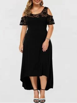 Women‘s Plus Size Curve Party Dress Lace Dress Wedding Guest Dress Black Dress Long Dress Maxi Dress Wine Blue Short Sleeve Pure Color Lace Summer Spring Fall Crew Neck Fashion Birthday Vacation -HAYz Clothing Shop grpiah1691044192040