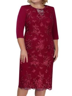 Women‘s Plus Size Curve Apple Shaped Dress Wedding Guest Lace Dress Work Dress Sheath Dress Floral Midi Dress Sleeve Lace Crew Neck Elegant Office Red Sky Blue Spring Summer Dress -HAYz Clothing Shop gshthy1673503409372