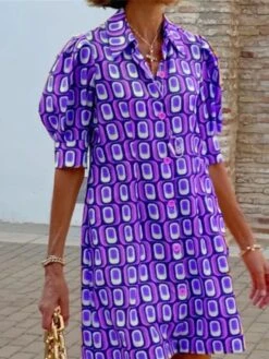 Women's Shirt Dress Casual Dress Shift Dress Midi Dress Outdoor Daily Vacation Polyester Classic Casual Shirt Collar Button Half Sleeve Summer Spring Fall 2023 Loose Fit Yellow Red Purple Plaid S M L -HAYz Clothing Shop gsiukr1680164408148