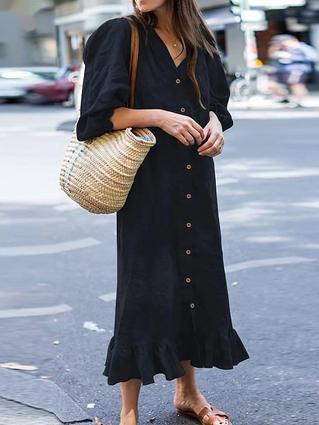 Women's Casual Dress Cotton Dress Black Dress Midi Dress Cotton Fashion Daily Outdoor Daily Vacation Stand Collar Ruffle Button 3/4 Length Sleeve Fall Autumn 2023 Loose Fit Black Wine Blue Plain S M 2 Women's Casual Dress Cotton Dress Black Dress Midi Dress Cotton Fashion Daily Outdoor Daily Vacation Stand Collar Ruffle Button 3/4 Length Sleeve Fall Autumn 2023 Loose Fit Black Wine Blue Plain S M - Image 2