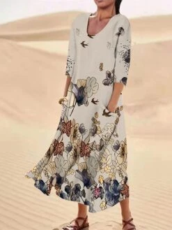 Women's Casual Dress Cotton Linen Dress Midi Dress Polyester Fashion Casual Daily Outdoor Daily Vacation Crew Neck Pocket Print Half Sleeve Summer Spring Fall 2023 Loose Fit ArmyGreen White Red Leaf -HAYz Clothing Shop gsstue1690365371362