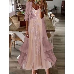 Women's Two Piece Dress Set Casual Dress Lace Dress Outdoor Daily Fashion Elegant Lace Ruffle Long Dress Maxi Dress V Neck 3/4 Length Sleeve Floral Plain Loose Fit Pink Light Purple Summer Spring S M