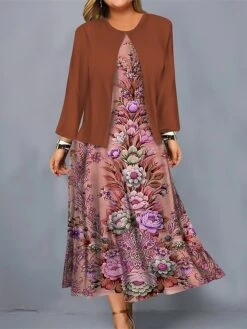 Women's Plus Size Curve Casual Dress Dress Set Two Piece Dress Floral Midi Dress Long Sleeve Print Crew Neck Fashion Outdoor Brown Green Fall Winter L XL XXL 3XL 4XL -HAYz Clothing Shop gtojog1697687128997
