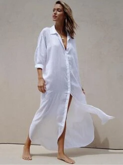 Women's Shirt Dress Casual Dress Cotton Dress Cotton Blend Fashion Daily Holiday Weekend Beaches V Neck Button Baggy Long Sleeve White One-Size