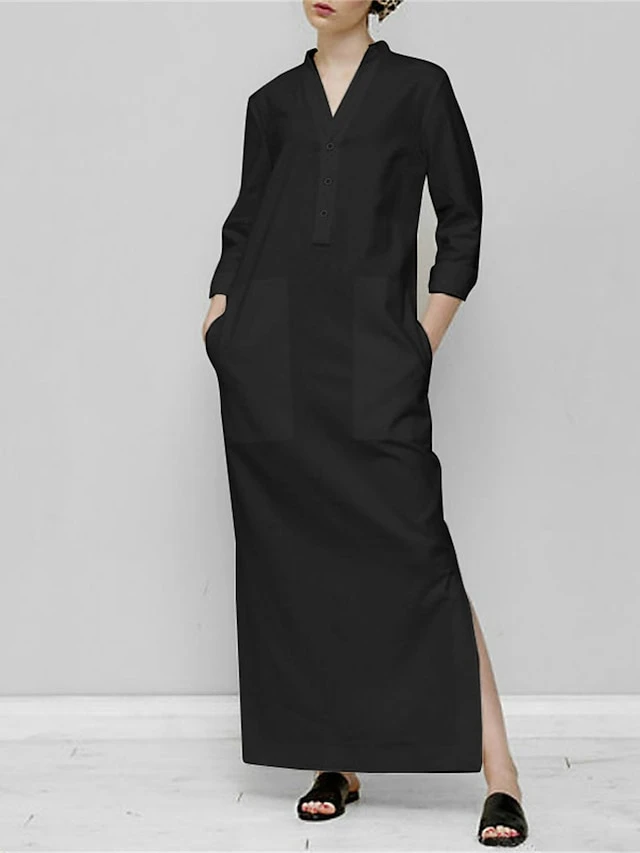 Women's Casual Dress Cotton Dress Shift Dress Maxi Long Dress Cotton Basic Classic Outdoor Daily Vacation V Neck Pocket Split Long Sleeve Spring Fall Winter 2023 Loose Fit Black Khaki Plain S M L XL 1 Women's Casual Dress Cotton Dress Shift Dress Maxi Long Dress Cotton Basic Classic Outdoor Daily Vacation V Neck Pocket Split Long Sleeve Spring Fall Winter 2023 Loose Fit Black Khaki Plain S M L XL