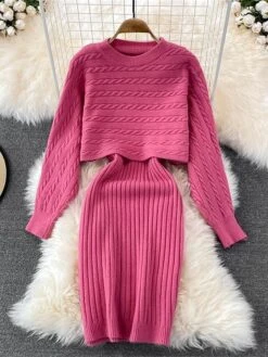 Women's Two Piece Dress Set Casual Dress Sheath Dress Outdoor Daily Fashion Streetwear Ruched Midi Dress Crew Neck Long Sleeve Plain Loose Fit Black White Wine Fall Winter One-Size -HAYz Clothing Shop gtwlno1694057141754