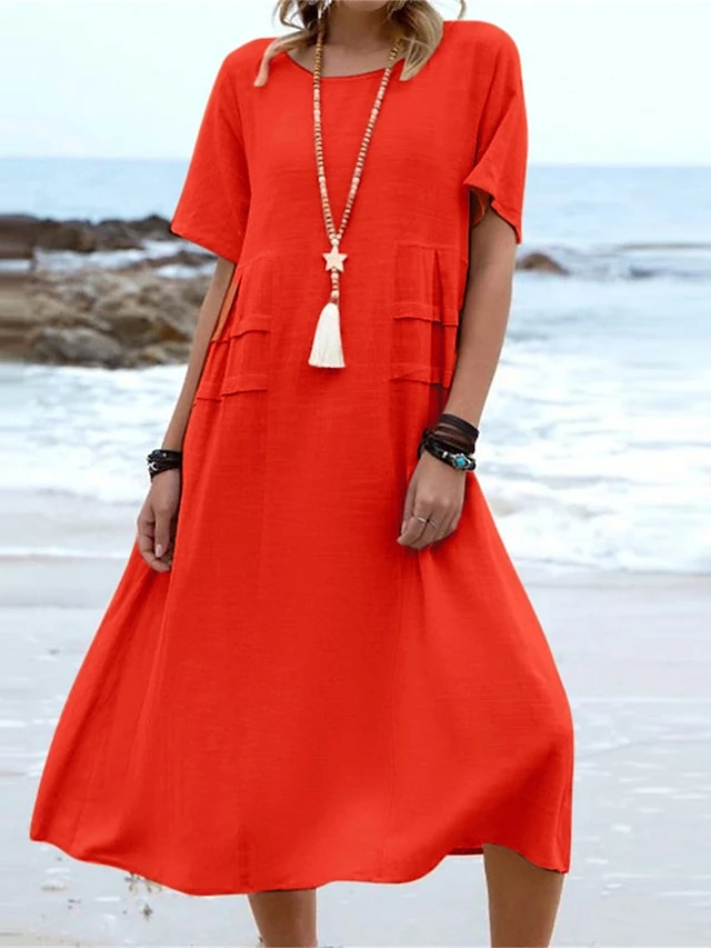 Women's Casual Dress Cotton Linen Dress A Line Dress Midi Dress Polyester Fashion Modern Outdoor Daily Vacation Crew Neck Basic Short Sleeve Summer Spring 2023 Loose Fit Black Pink Blue Plain S M L 8 Women's Casual Dress Cotton Linen Dress A Line Dress Midi Dress Polyester Fashion Modern Outdoor Daily Vacation Crew Neck Basic Short Sleeve Summer Spring 2023 Loose Fit Black Pink Blue Plain S M L - Image 8